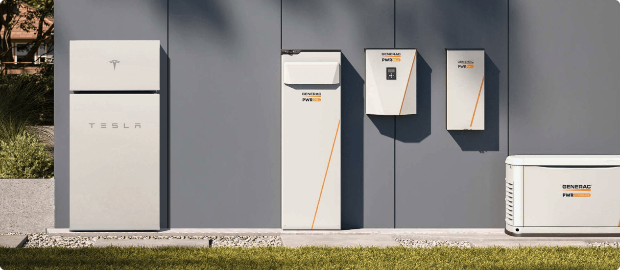 gray wall with Tesla battery and Generac generators