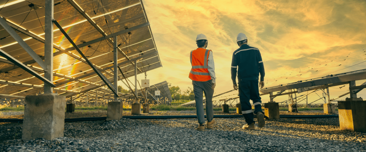 a group of men in hard hats and reflective vests among solar panels