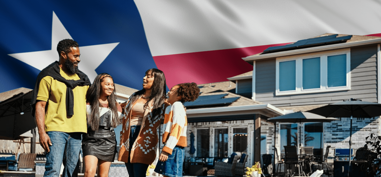 a family standing in front of a house with the flag of Texas in the background