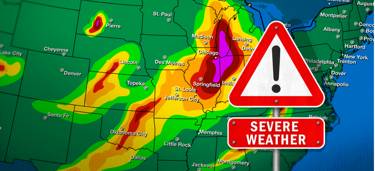 map of U.S. with sever weather alert sign