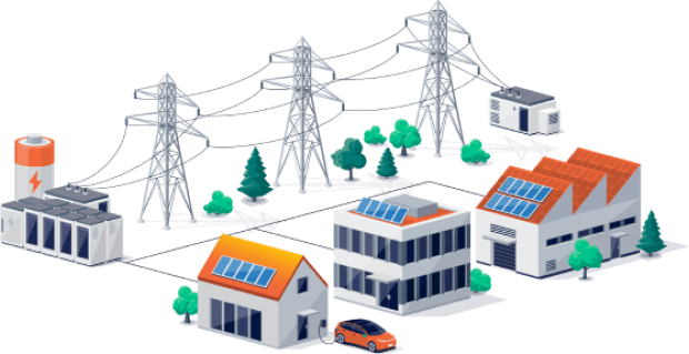 Graphic showing how net metering works by homes and buildings using the grid as a virtual battery